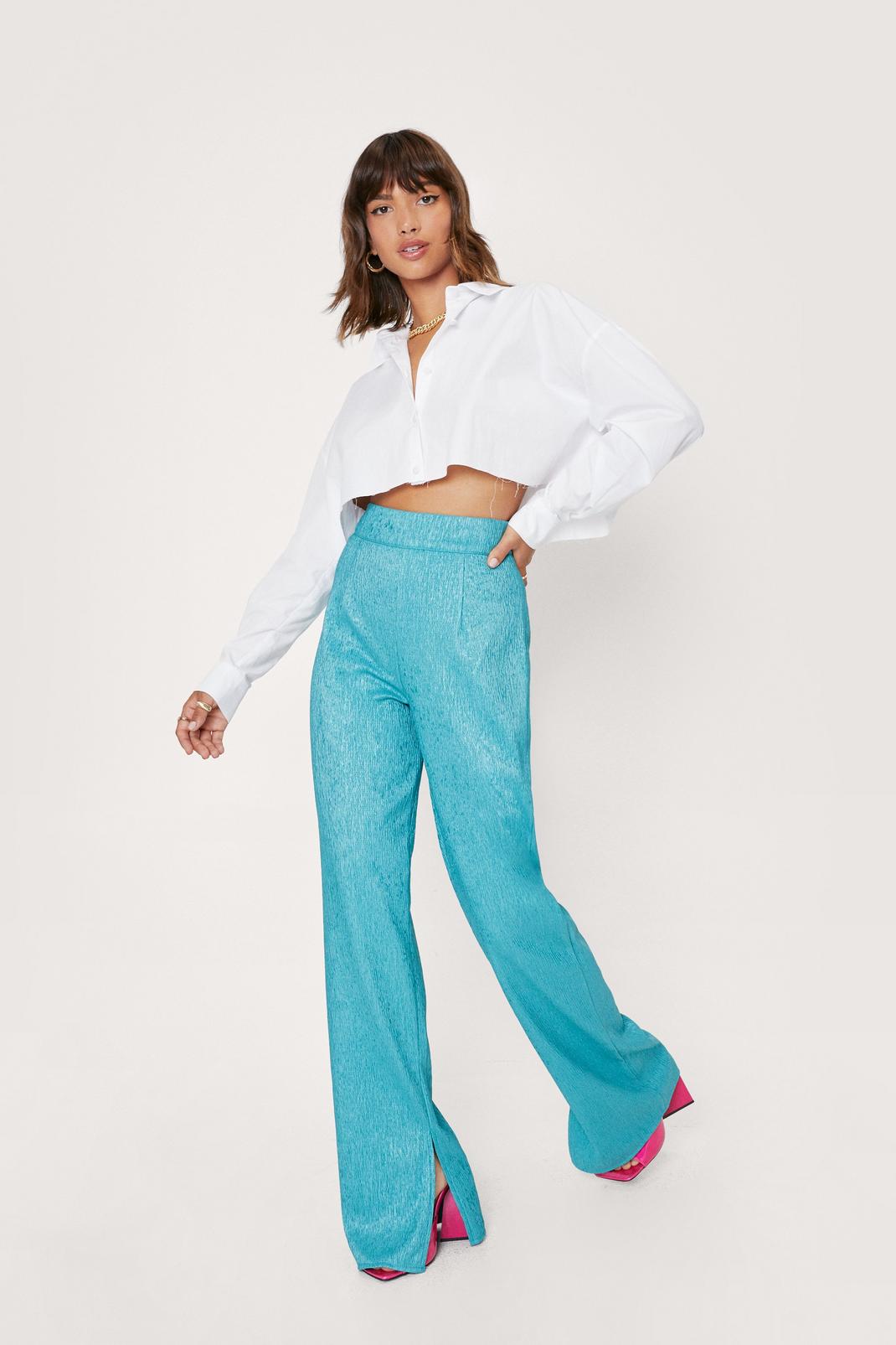Pantalon large texturé à taille haute à fentes, Turquoise image number 1