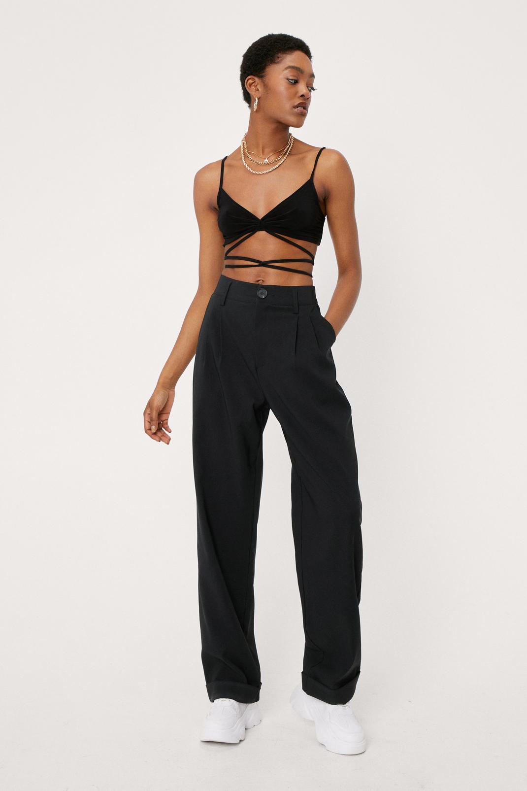 Black Tailored High Waisted Turn Up Hem Trousers image number 1