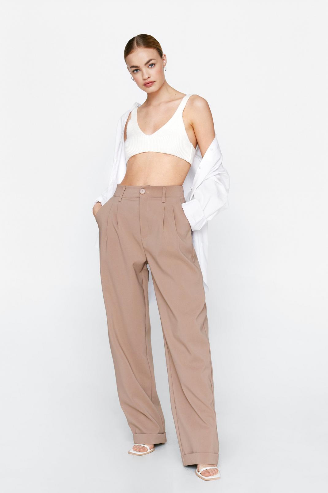 Taupe Tailored High Waisted Turn Up Hem Pants image number 1