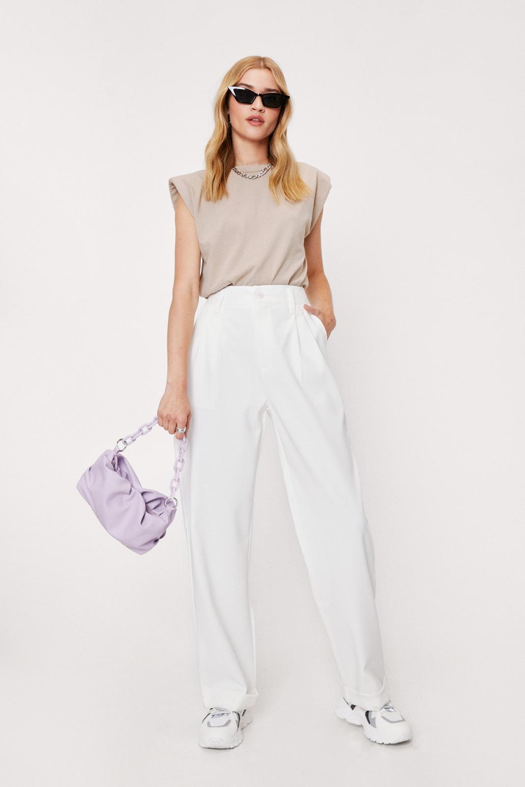 White Tailored High Waisted Turn Up Hem Trousers image number 1