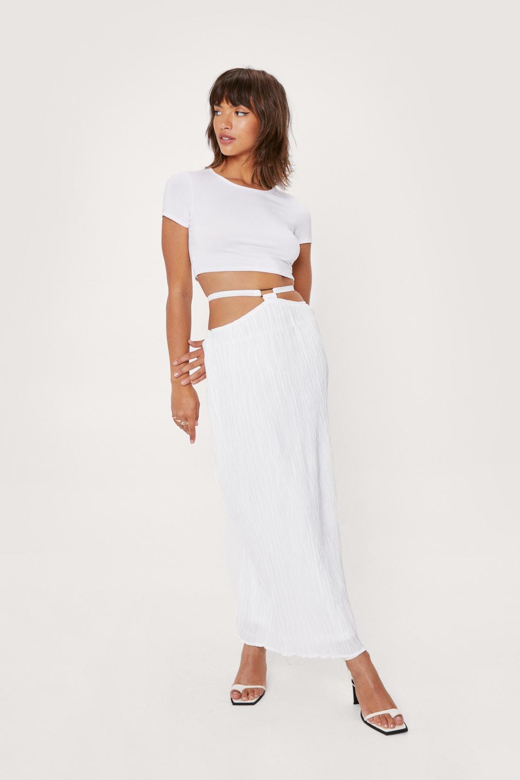White Strappy Woven Plisse Midi Skirt image number 1