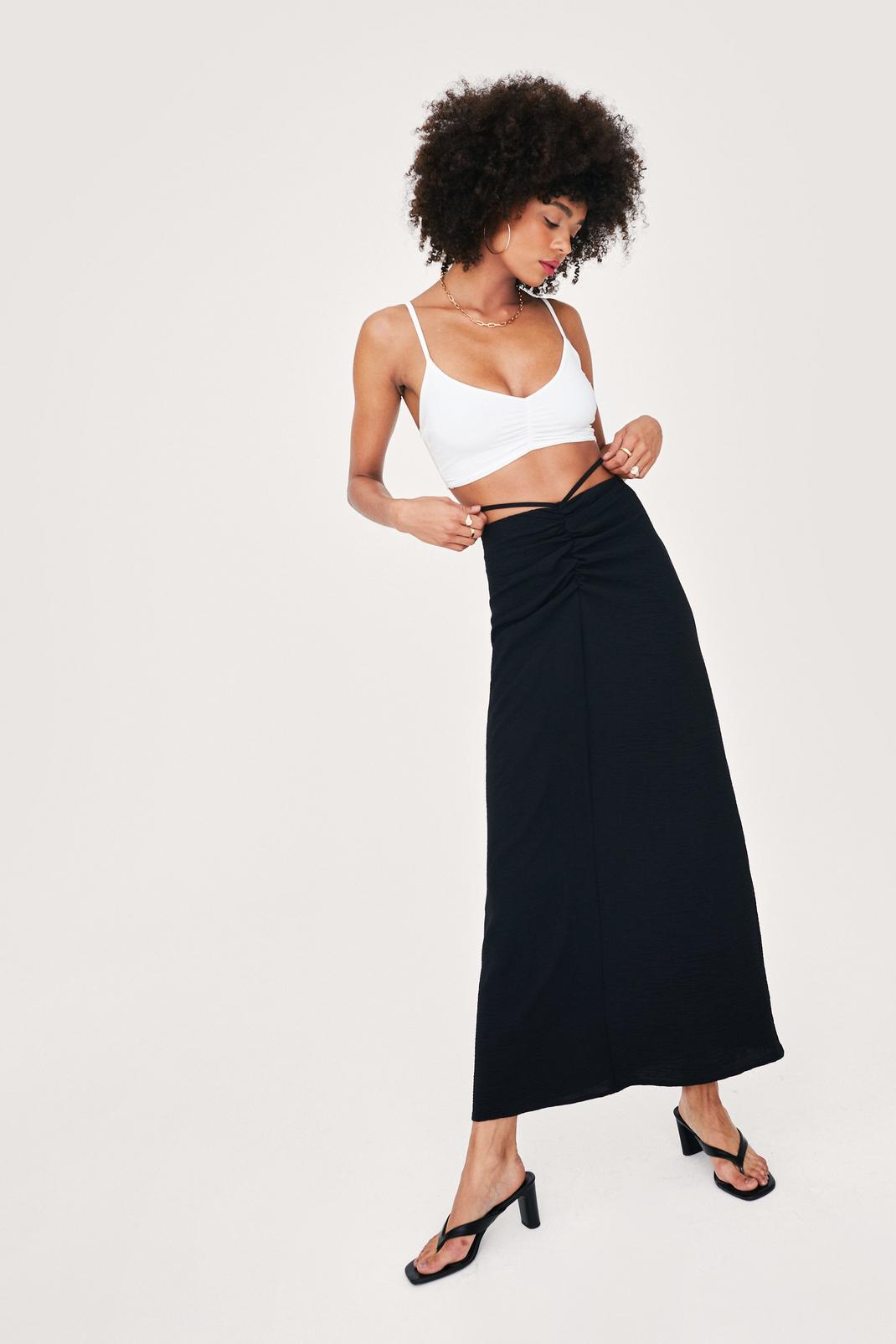 Black Ruched Front Textured Strappy Midi Skirt image number 1
