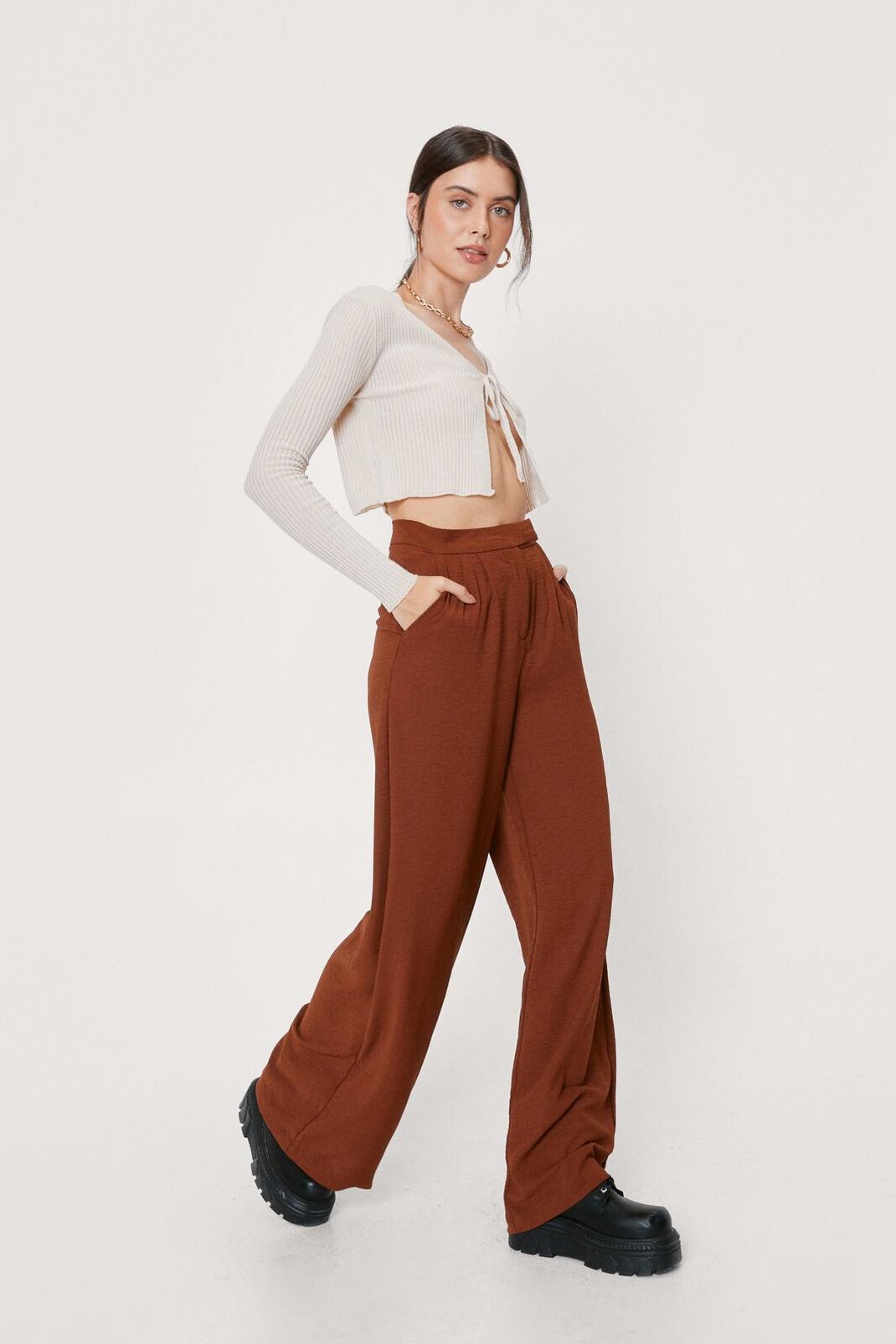 Chocolate Textured Tailored Wide Leg Pants image number 1