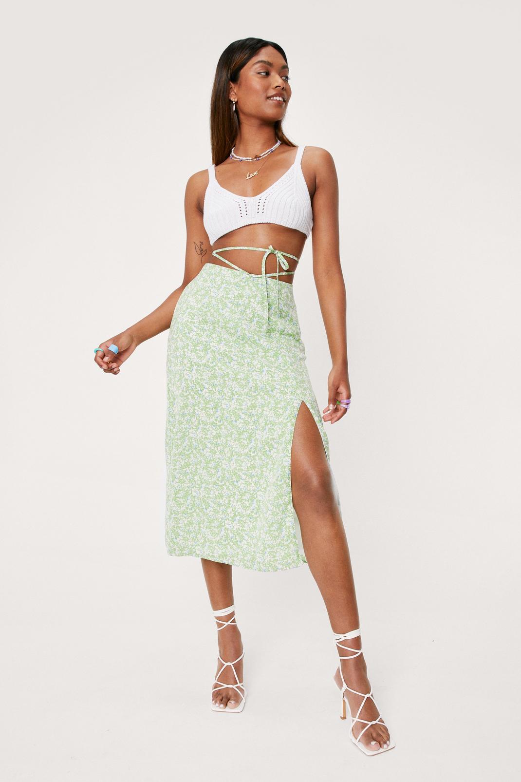 Apple green Ditsy Floral Tie Waist Midi Skirt image number 1
