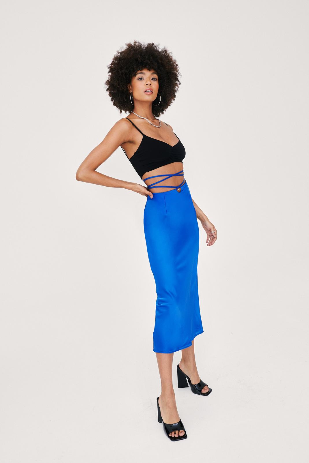 Cobalt Strappy Tie Waist Satin Midi Skirt image number 1