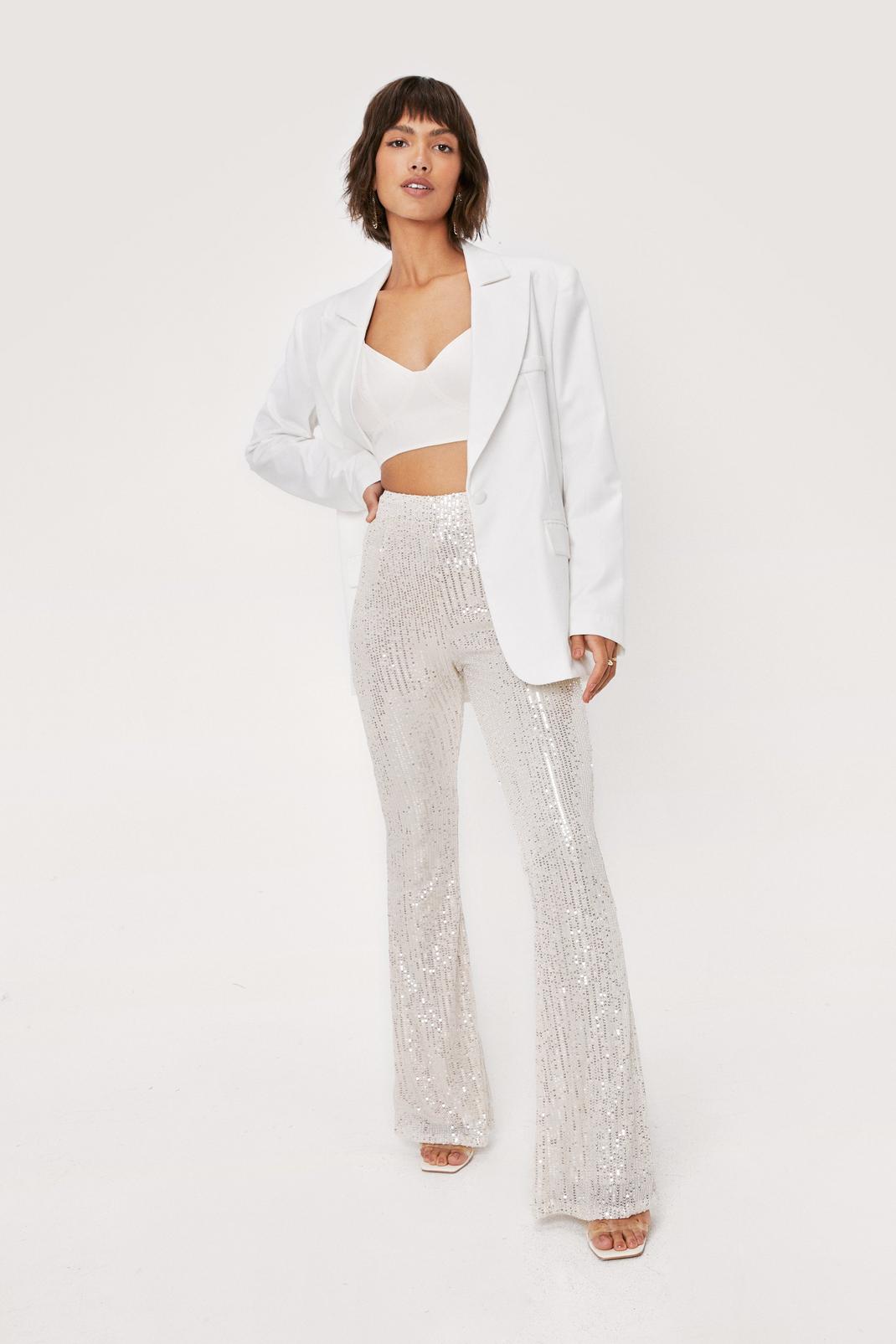 Champagne High Waisted Sequin Flare Pants image number 1