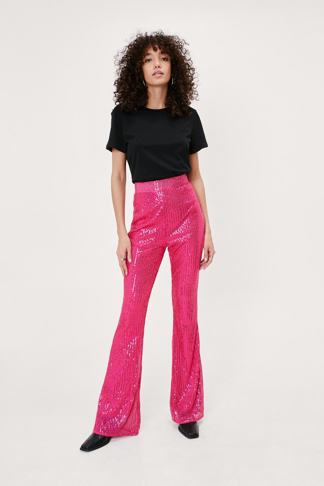 Pantalon flare en sequins à taille haute, Hot pink image number 1