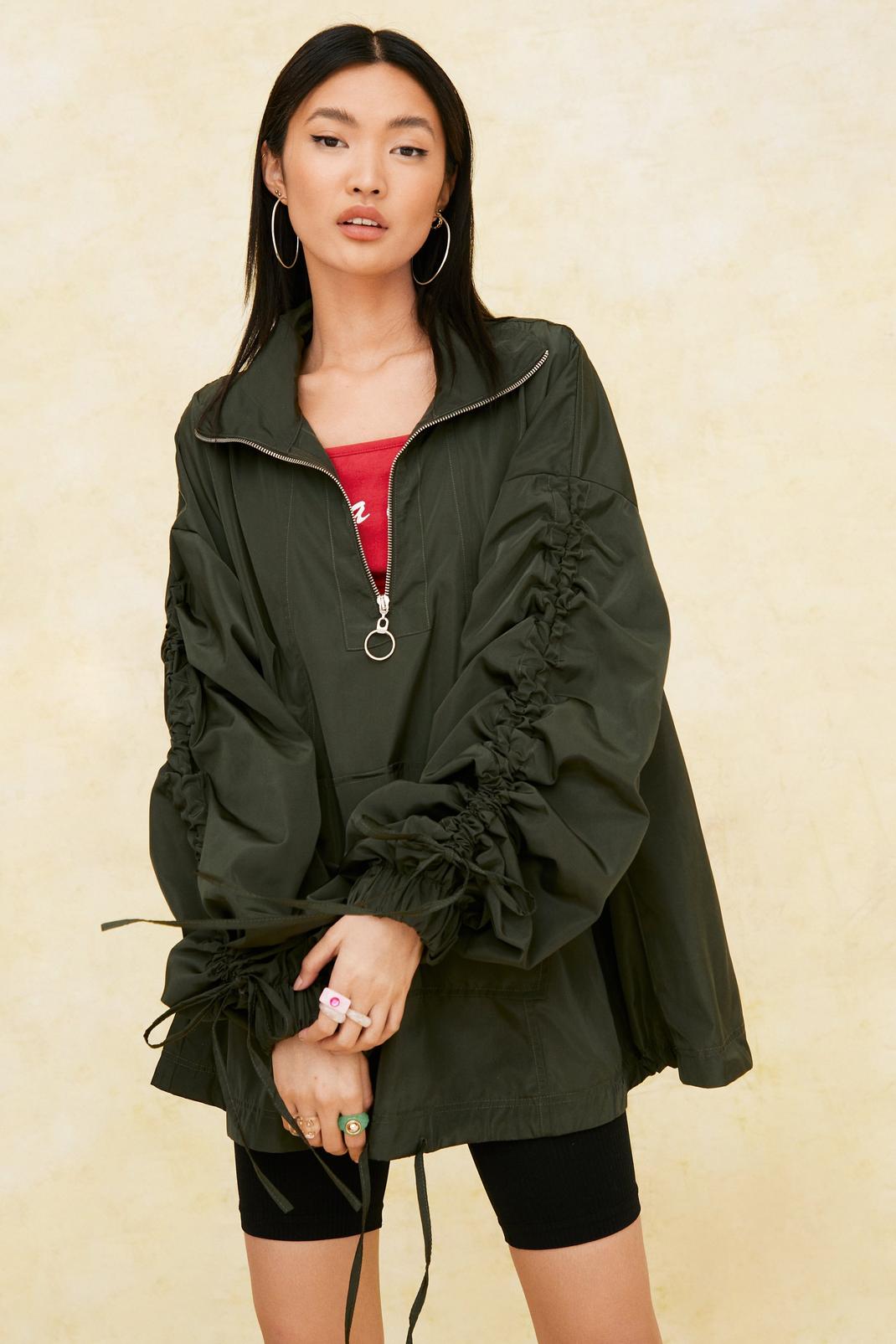 Khaki Ruched Sleeve Zip Front Oversized Jacket image number 1