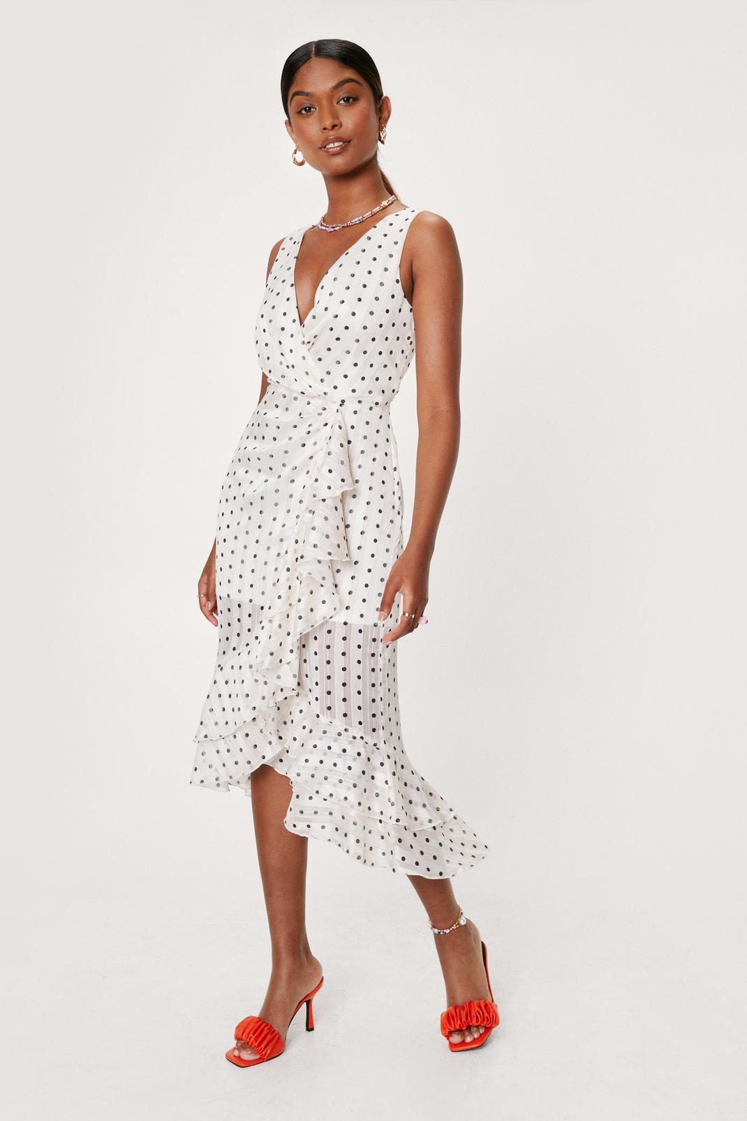 Cream Spotty Plunge Ruffle Front Maxi Tea Dress image number 1