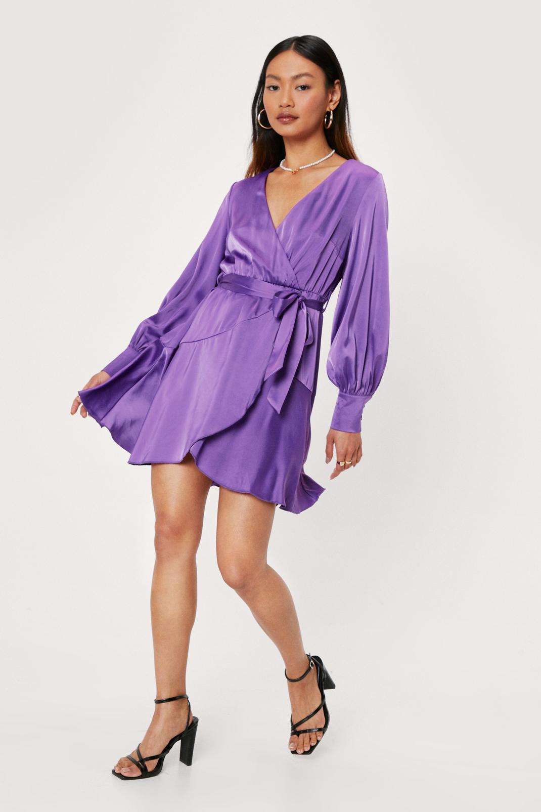 Purple Petite Satin Bow Tie Side Mini Dress image number 1