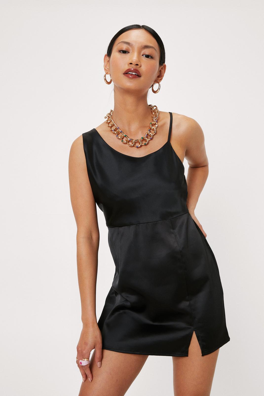 Black Petite Asymmetric Satin Mini Dress image number 1