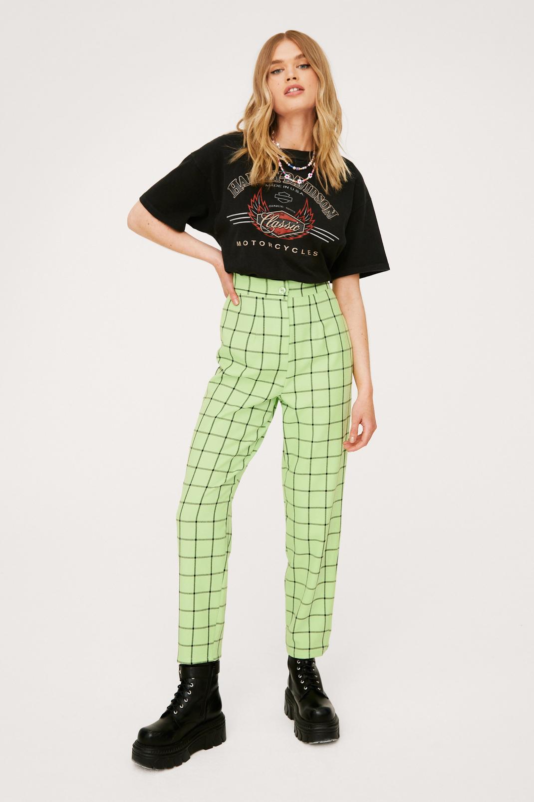 Soft lime Check Print Tapered High Waisted Pants image number 1