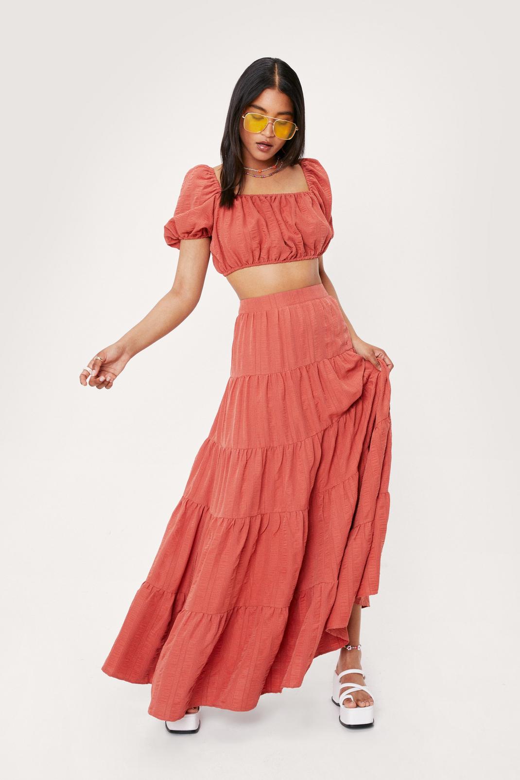 Rust Textured Smock Tiered Maxi Skirt image number 1