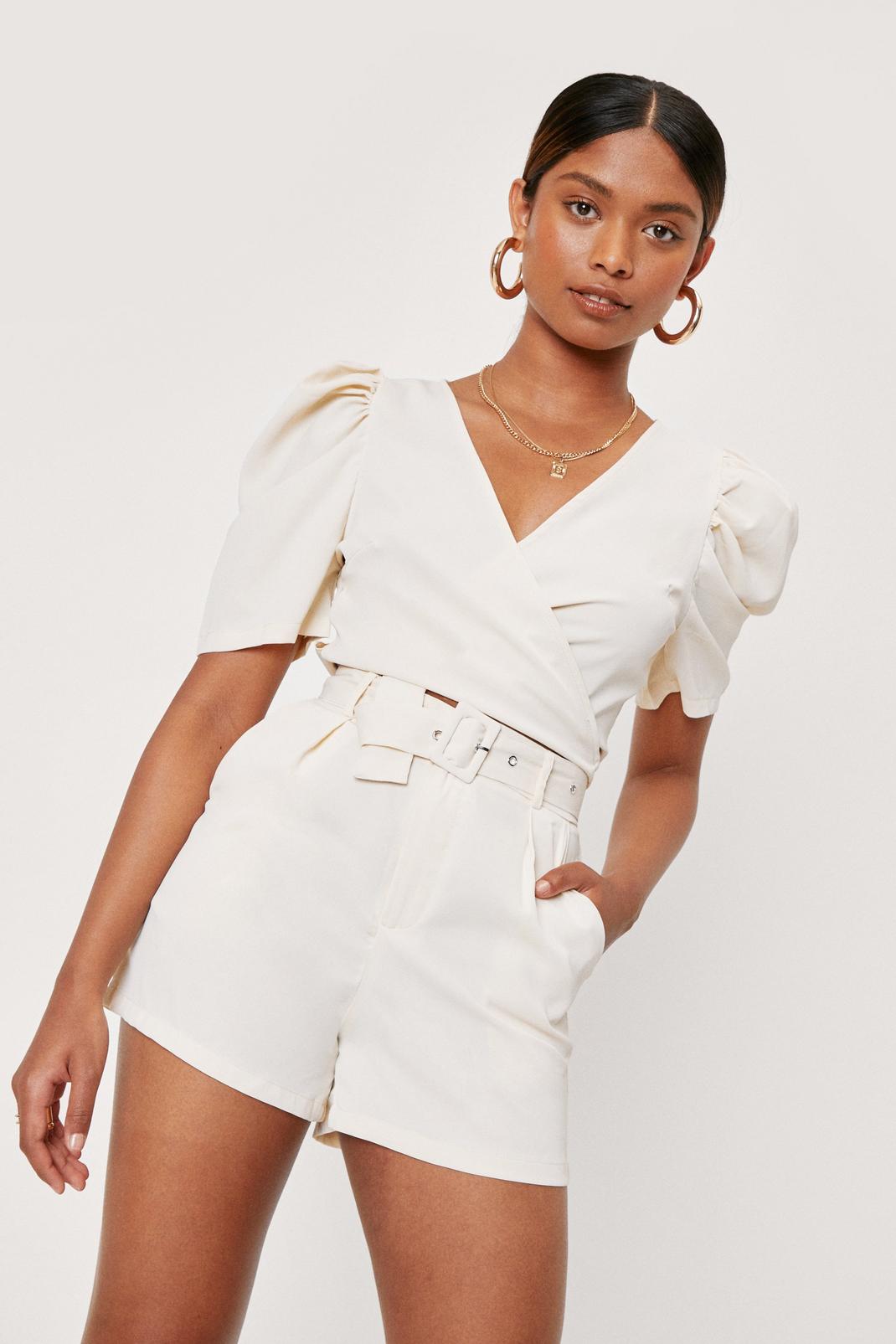 Cream High Waisted Tailored Belted Shorts image number 1