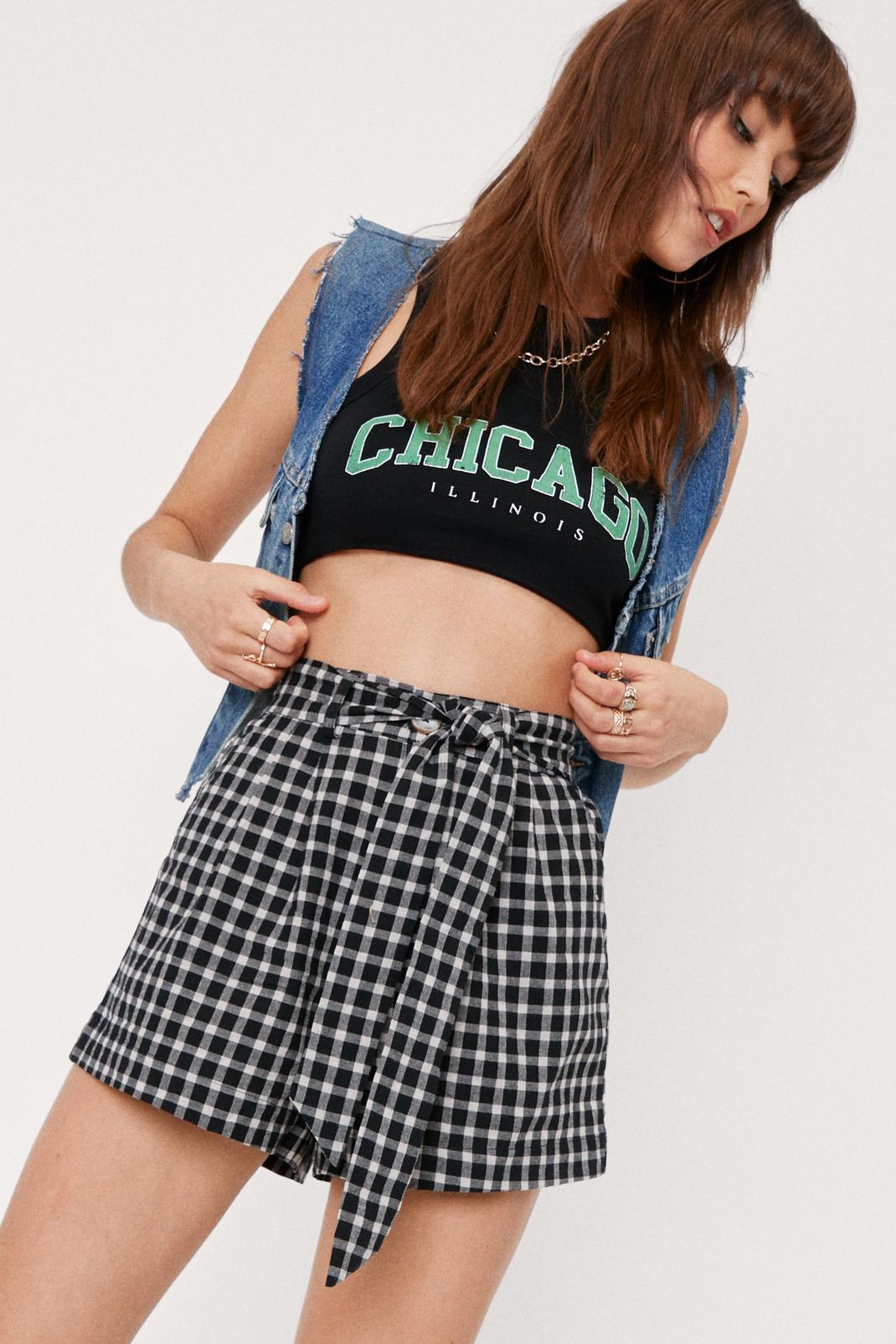 Black Mono Checked Belted Shorts image number 1