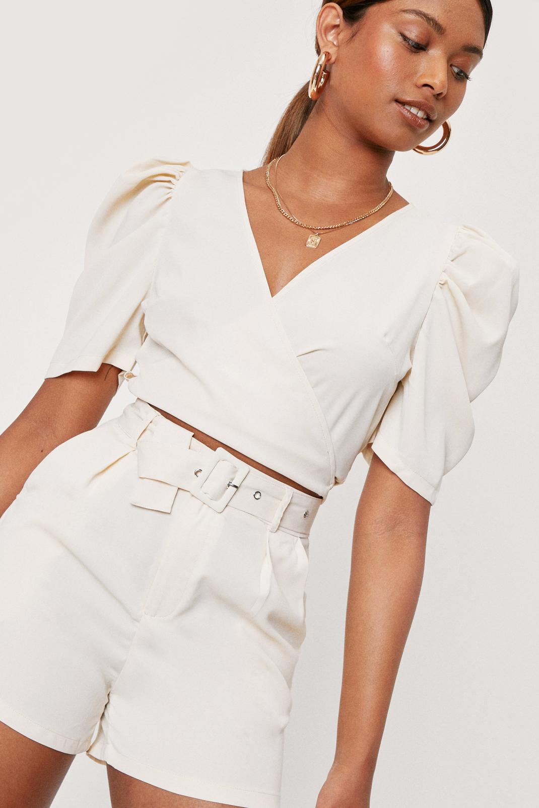 Cream Puff Sleeve Wrap Cropped Blouse image number 1