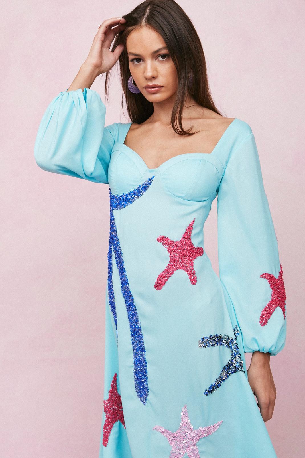 Aqua Sequin Embellished Starfish Maxi Dress image number 1