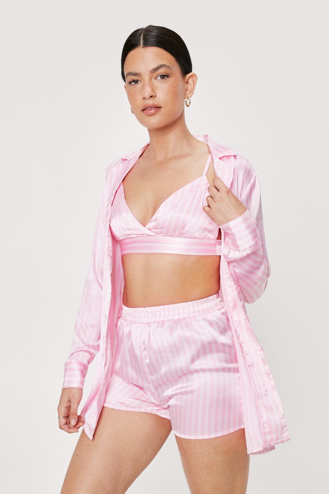 Pyjama 3 pièces satiné chemise brassière & short à imprimé rayures, Pink image number 1
