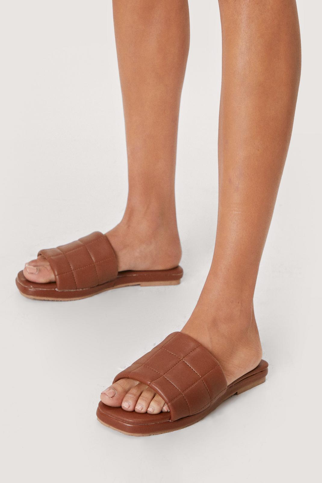Brown Quilted Faux Leather Flat Mules image number 1