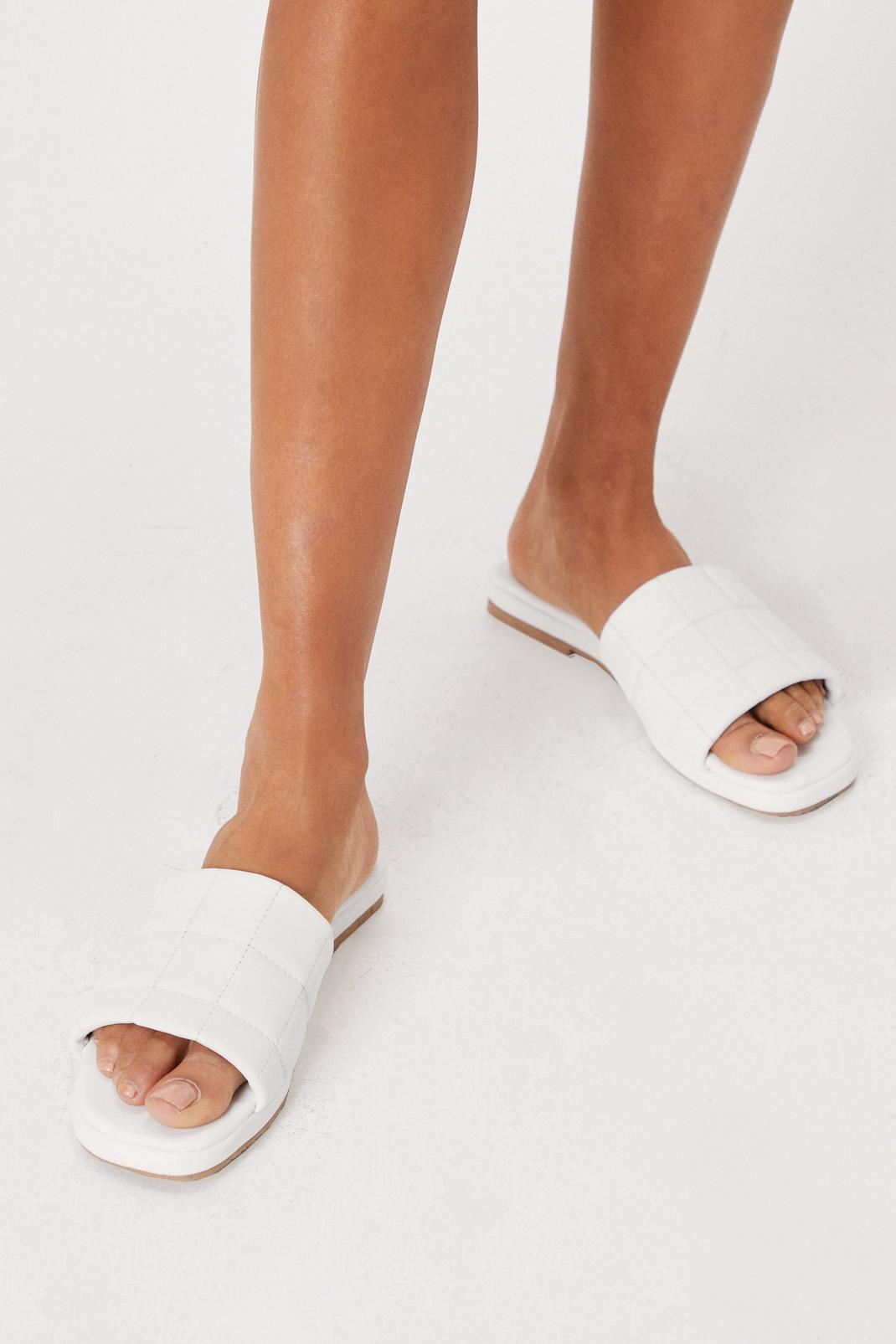 White Quilted Faux Leather Flat Mules image number 1