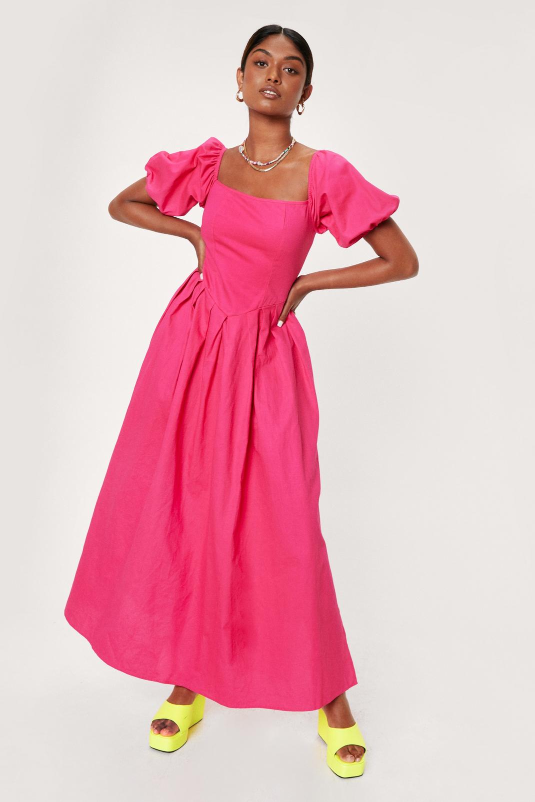 Robe longue volantée à col carré et manches bouffantes, Hot pink image number 1