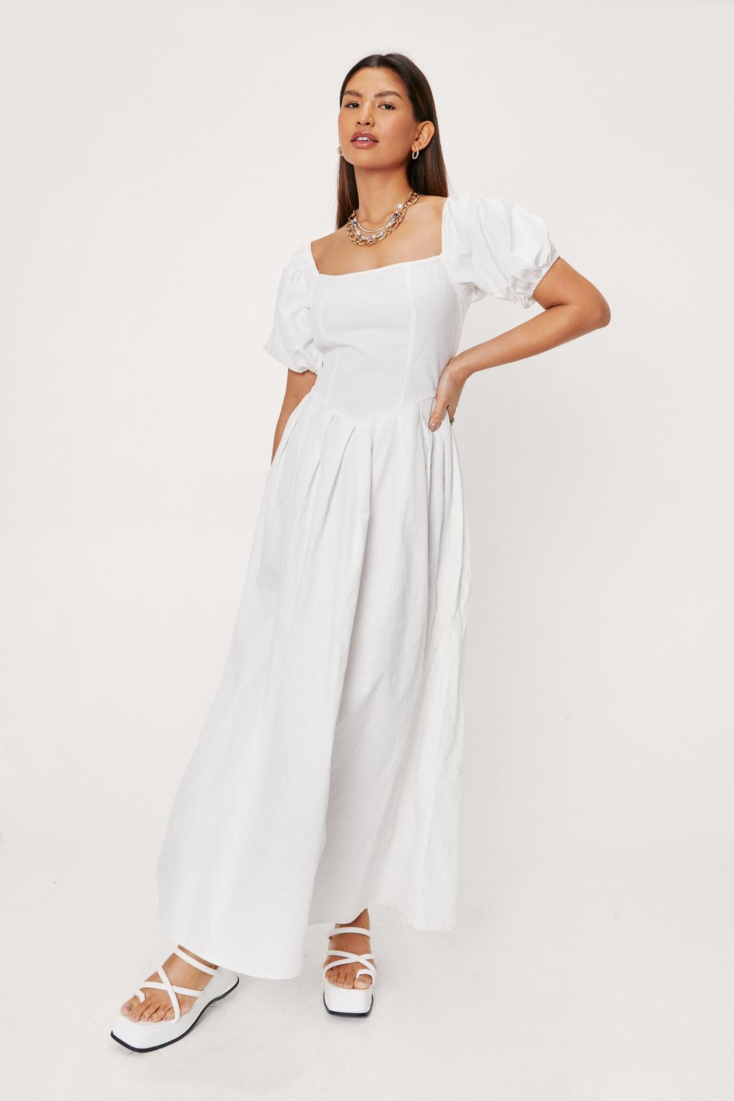 White Puff Sleeve Drop Waist Maxi Dress image number 1