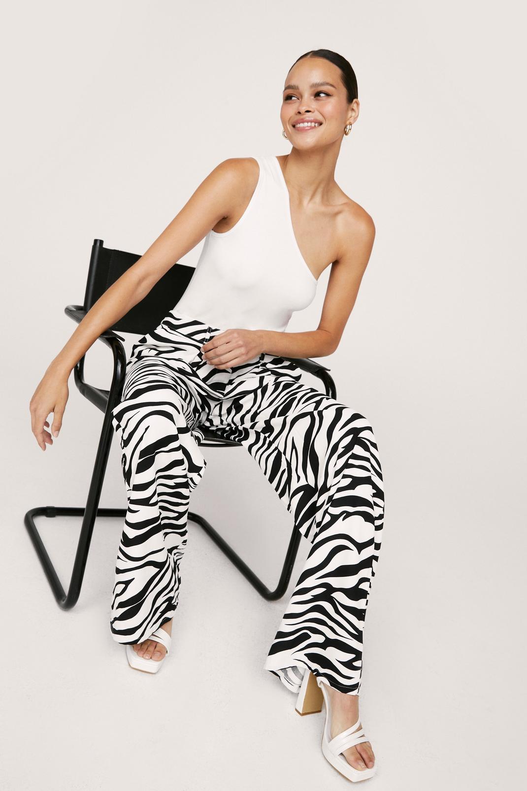 Mono Zebra Print High Waisted Wide Leg Trousers image number 1