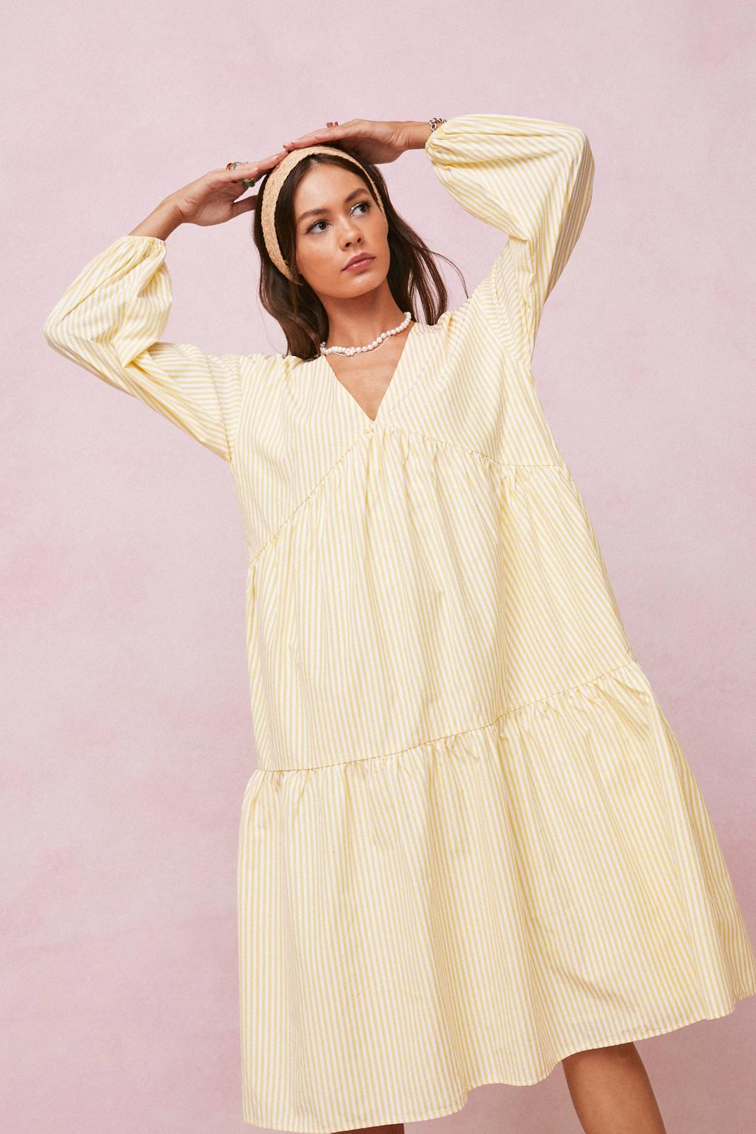 Striped Tiered Midi Smock Dress image number 1