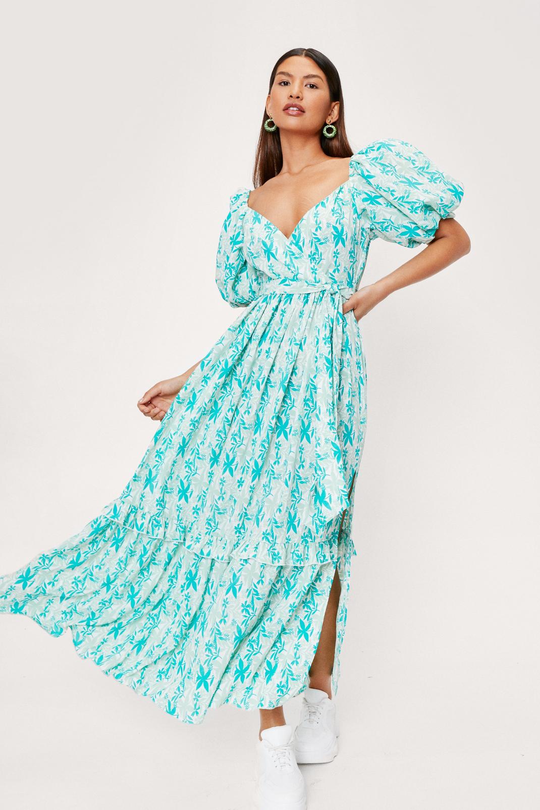 Green Puff Sleeve Floral Print Wrap Maxi Dress image number 1
