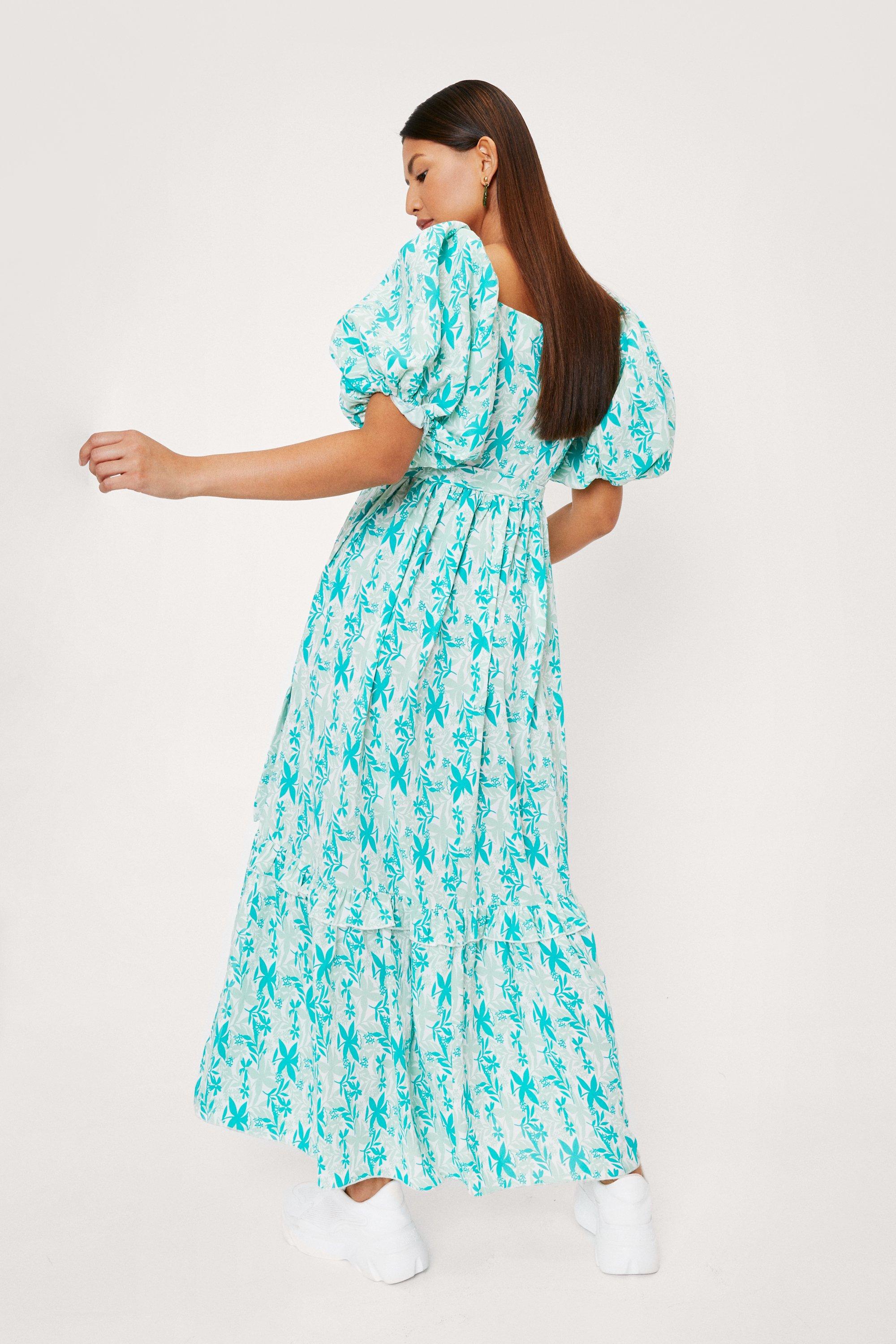 Puff Sleeve Floral Print Wrap Maxi Dress