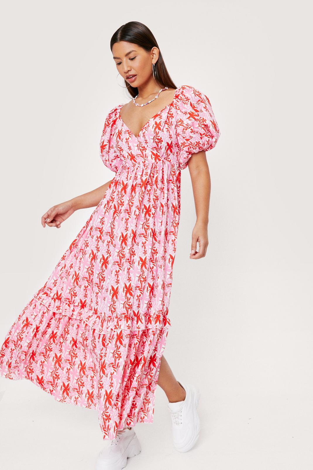 Pink Puff Sleeve Floral Print Wrap Maxi Dress image number 1