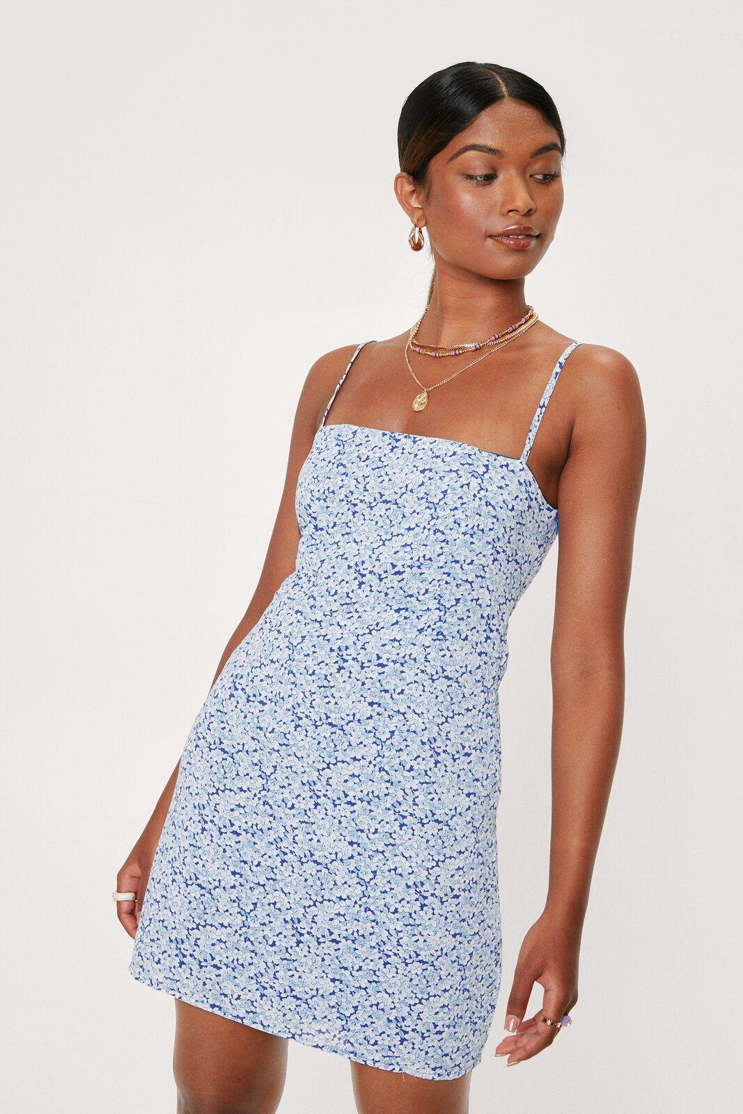 Square Neck Mini Dress In Retro Pansy Print Nasty Gal