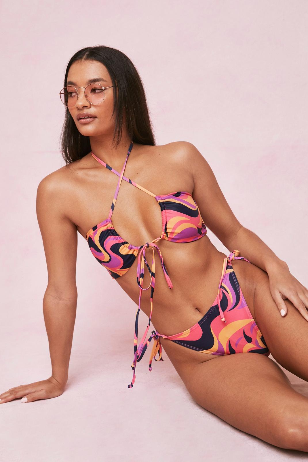 Bikini haut triangle froncé & bas échancré à imprimé marbre, Purple image number 1