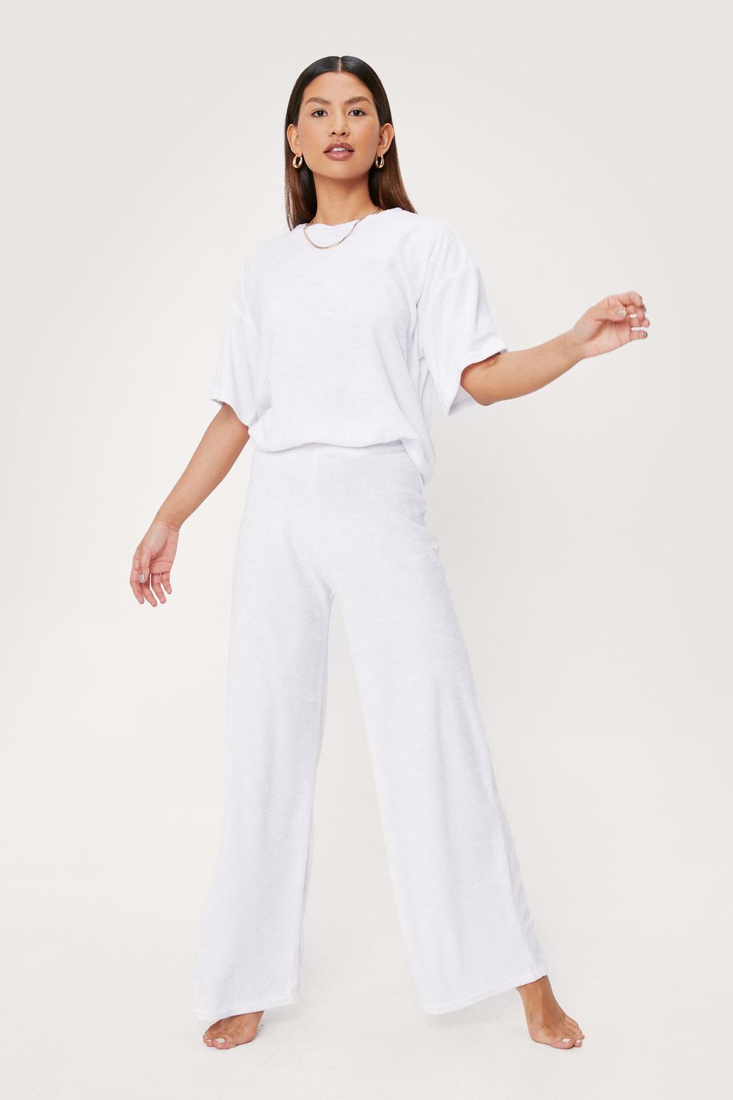 White Towelling Wide Leg Beach Pants image number 1