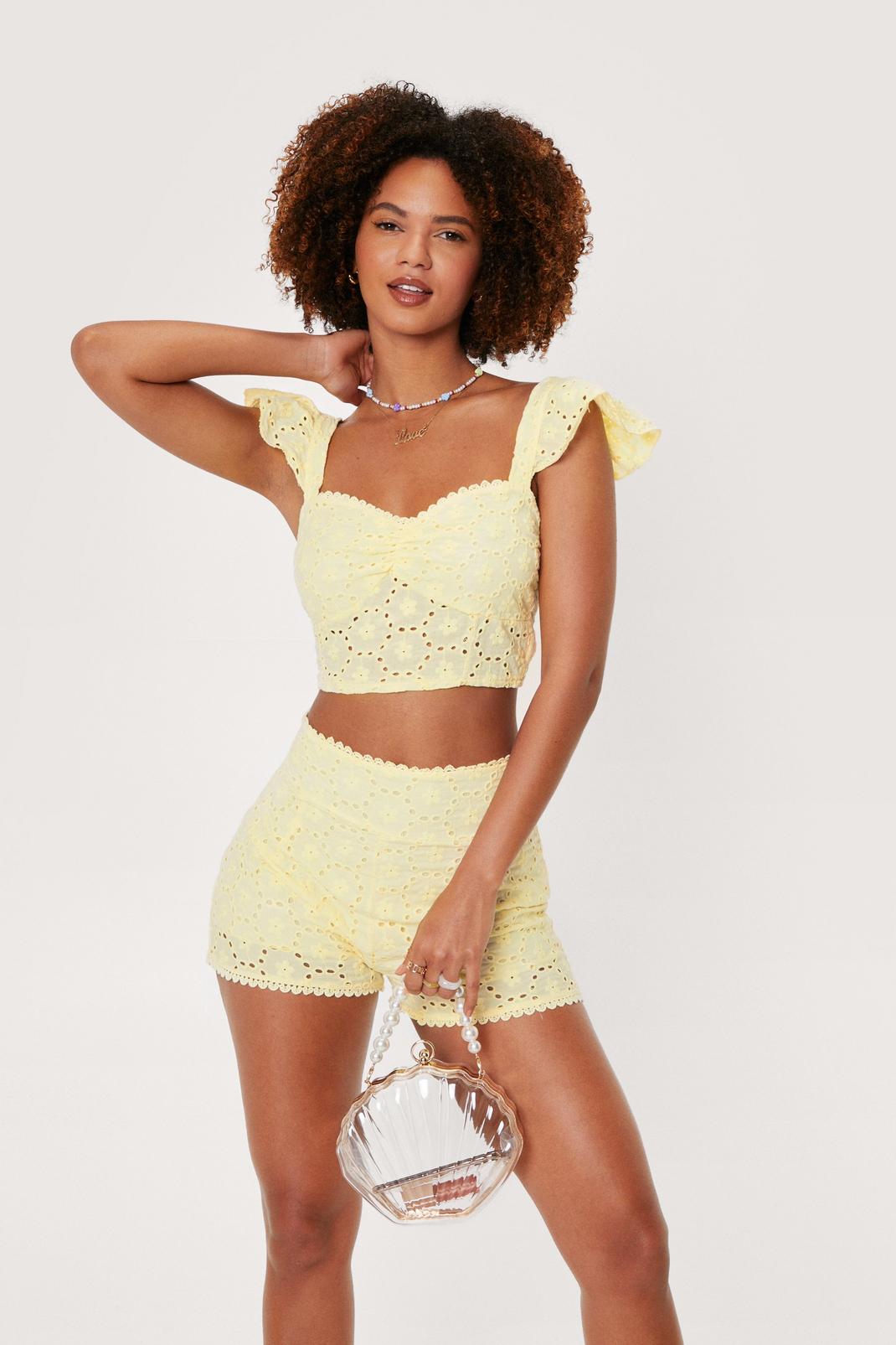 Lemon Broderie Anglaise Ruffle Strappy Crop Top image number 1