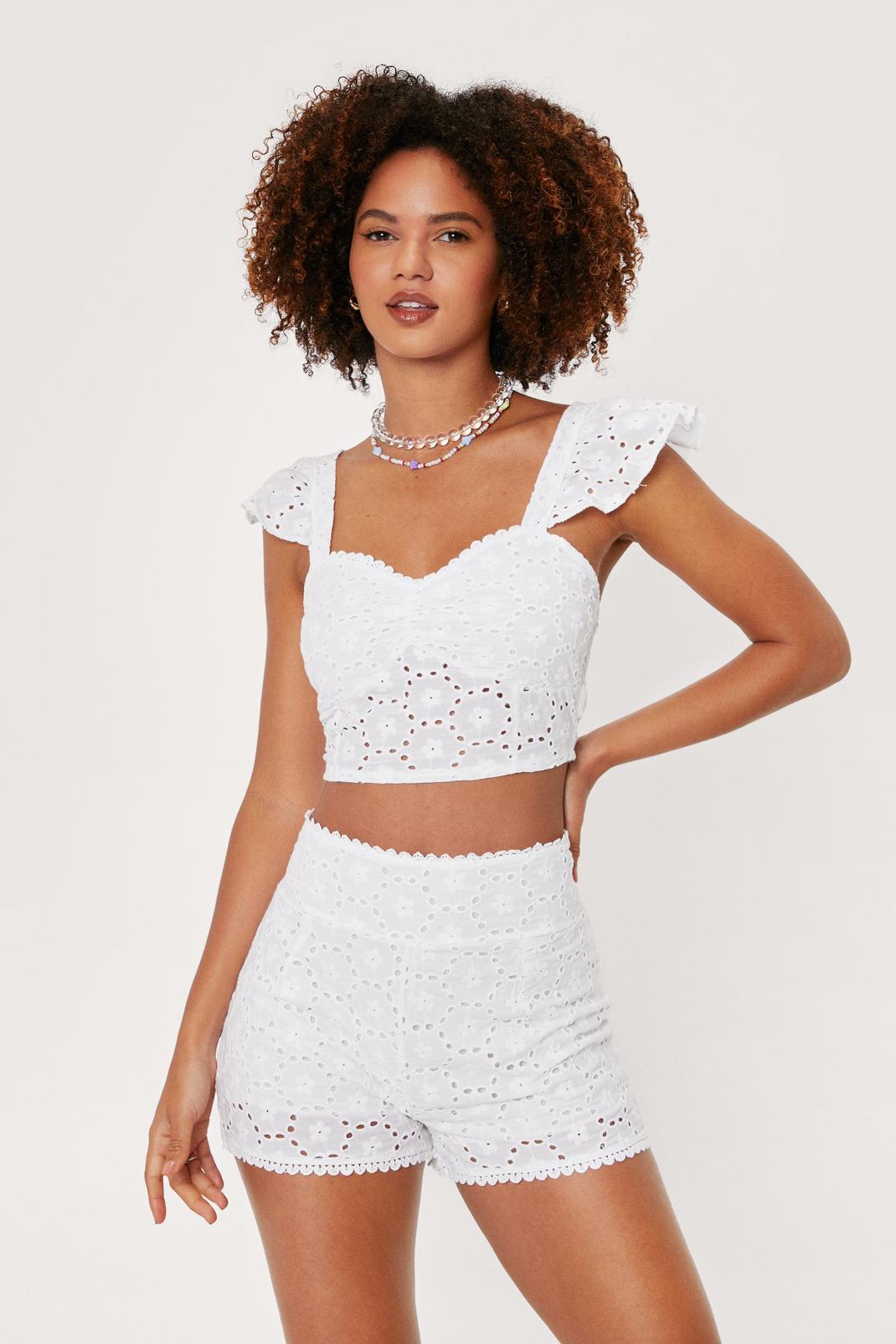 White Broderie Anglaise Ruffle Strappy Crop Top image number 1