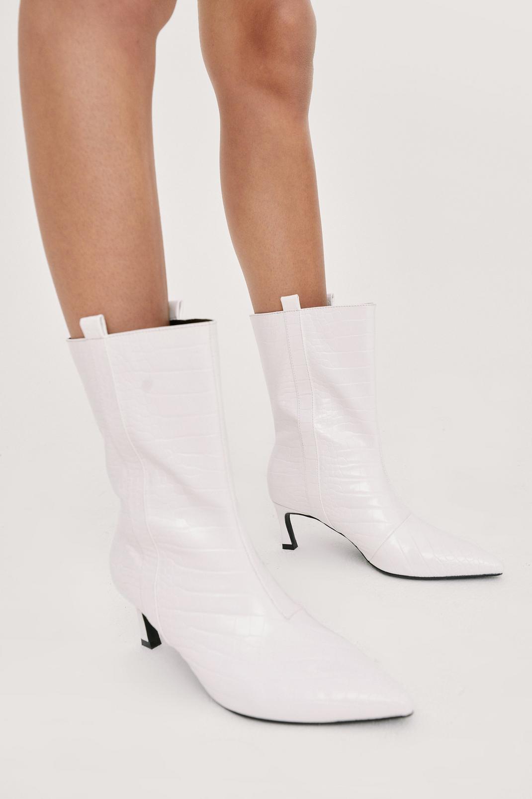 White Faux Leather Croc Pointed Stiletto Boots image number 1