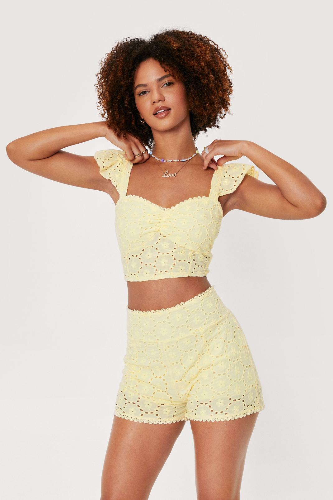 Lemon Broderie Anglaise High Waisted Shorts image number 1
