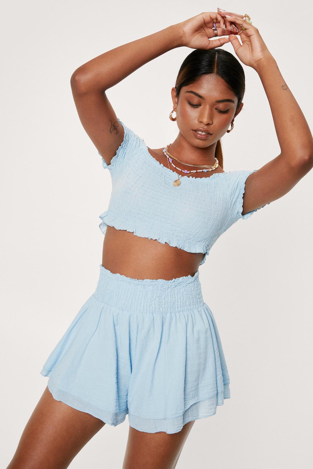 Light blue Shirred Waist Relaxed Layered Shorts image number 1