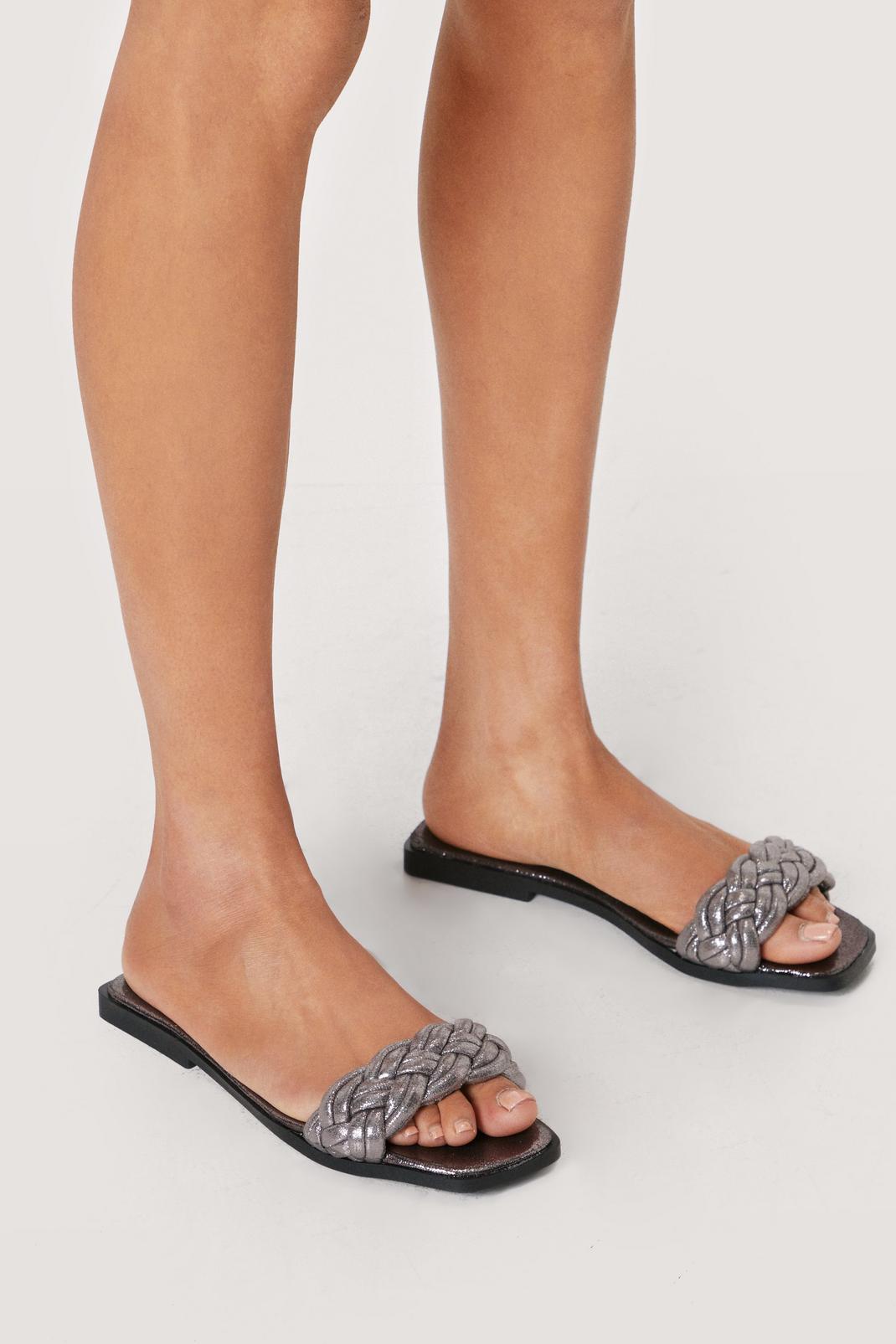 Gun metal Faux Leather Braided Square Toe Mules image number 1