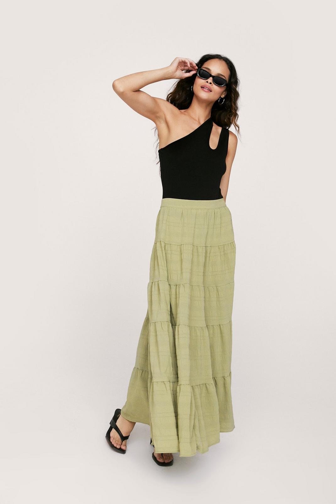 Olive Textured Tiered Ruffle Hem Maxi Skirt image number 1