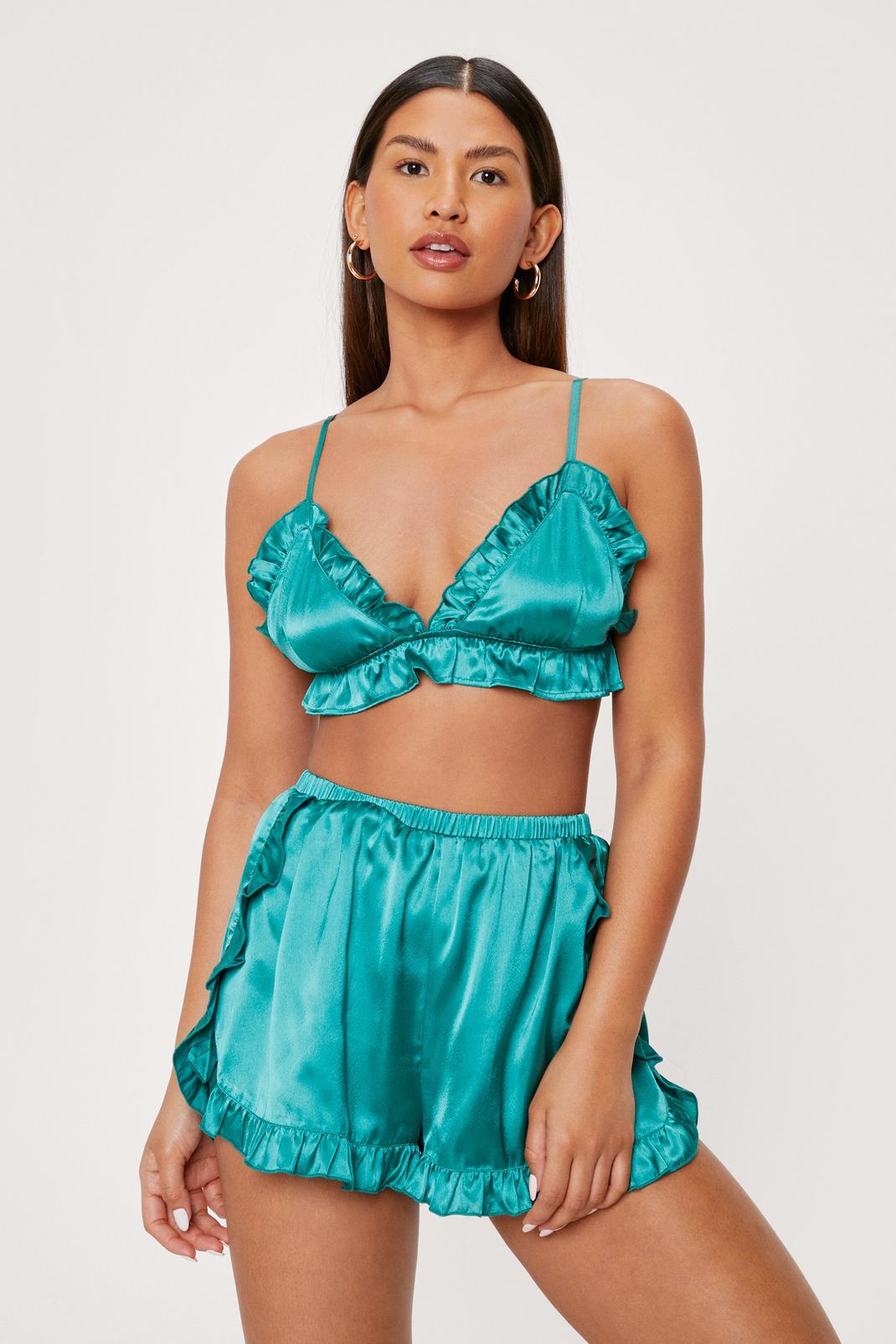 Emerald Ruffle Satin Bralette and Shorts Pajama Set image number 1