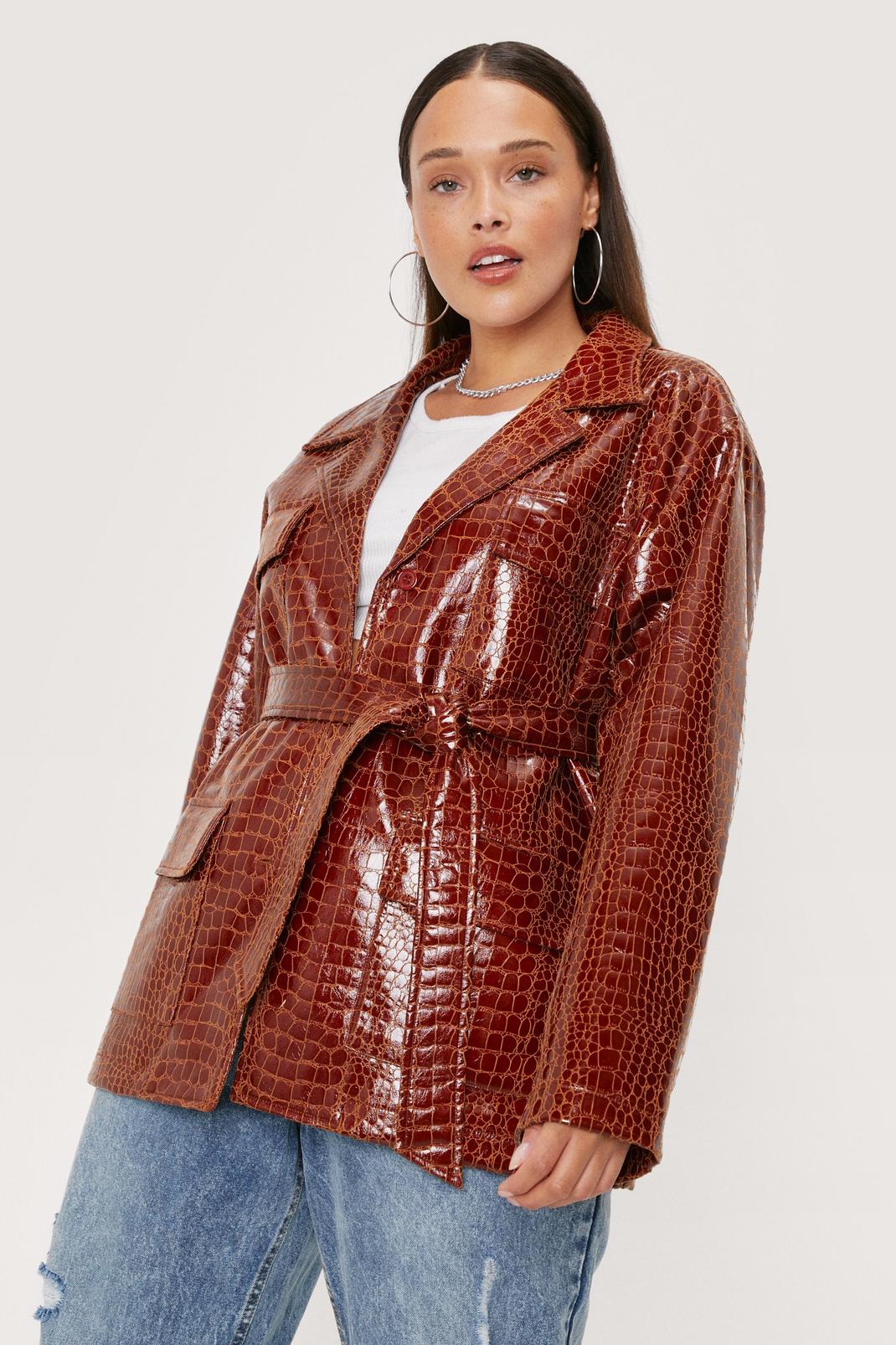 Plus Size Faux Leather Croc Belted Jacket image number 1