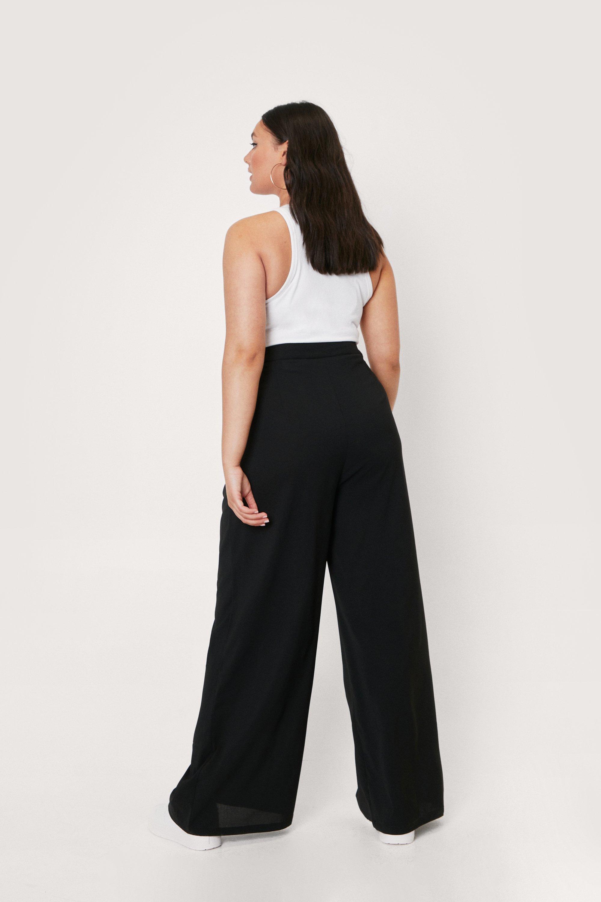 Elegant Solid Wide Leg Black Plus Size Pants (Women's) 