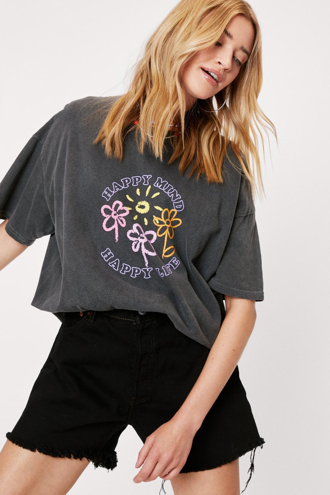 Charcoal Happy Mind Happy Life Oversized Graphic T-Shirt image number 1
