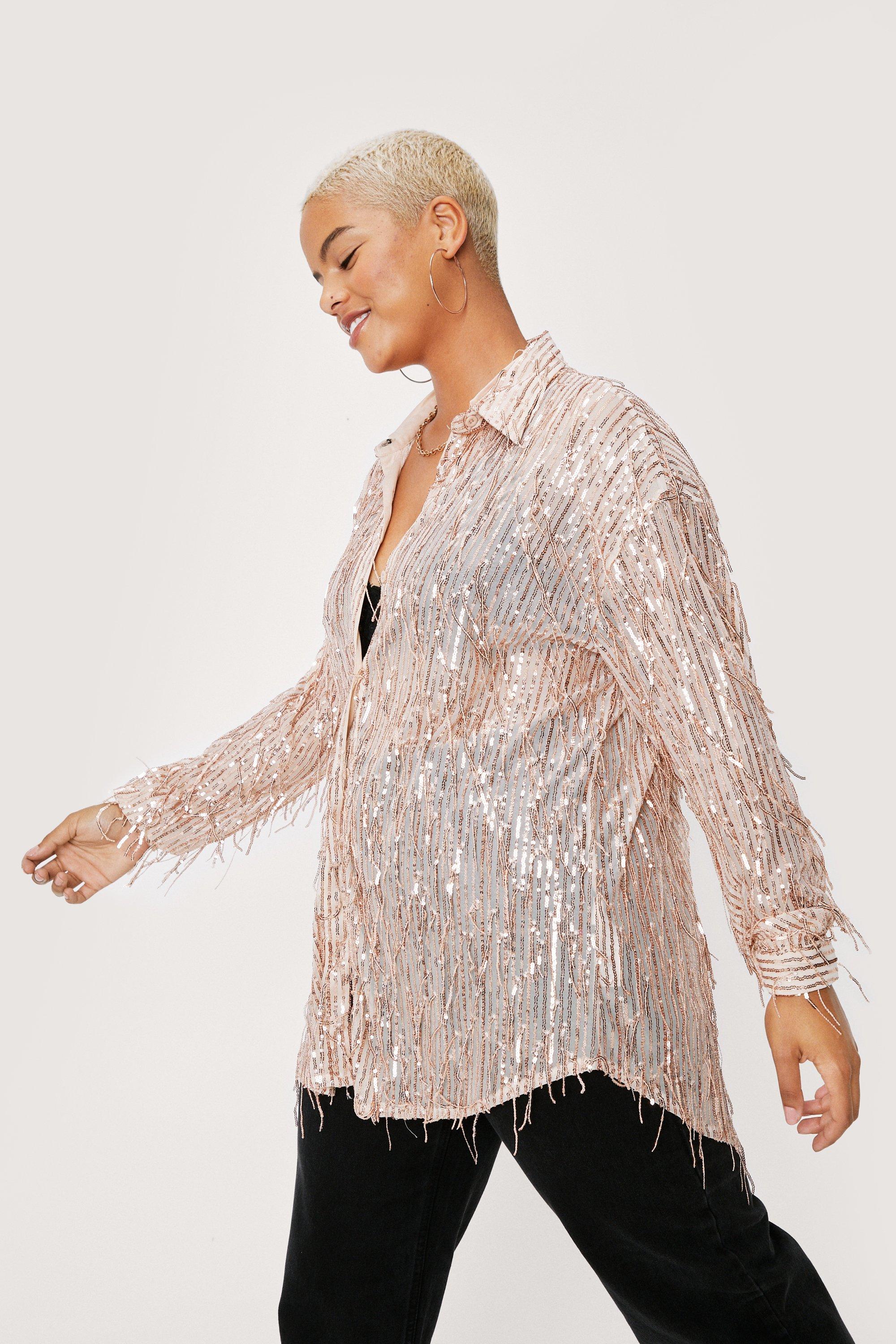 Plus Size Sheer Fringe Sequin Shirt Nasty Gal