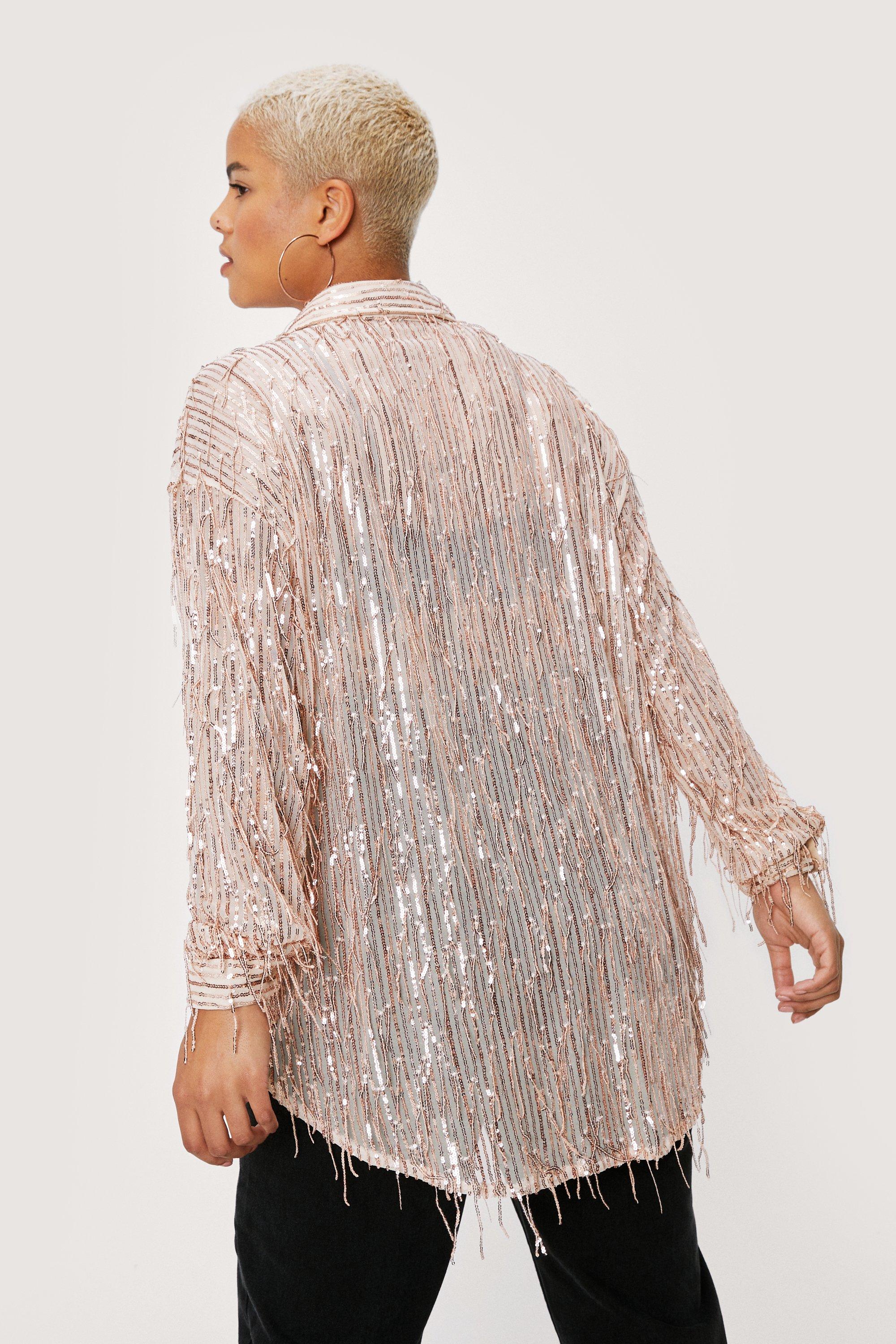 Plus Size Sheer Fringe Sequin Shirt