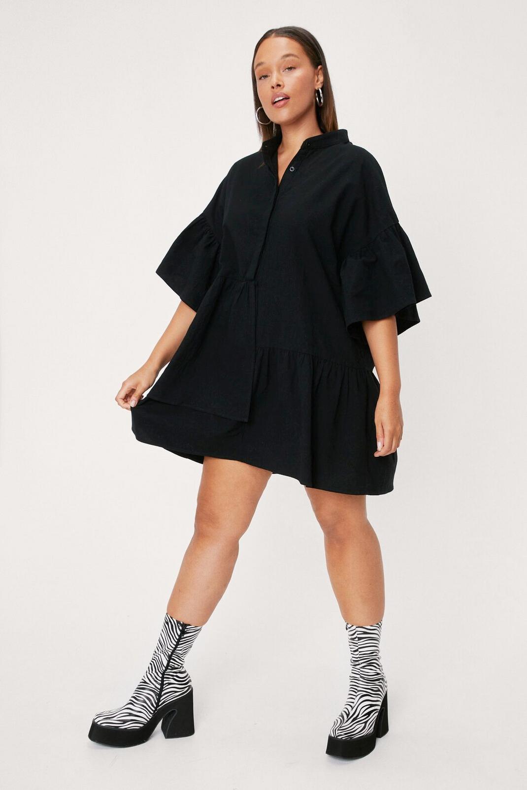Black Plus Size Ruffle Asymmetric Smock Mini Dress image number 1