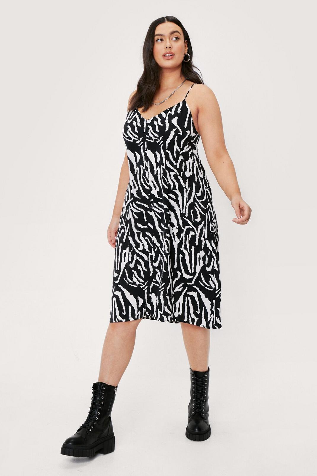 Black Plus Size Zebra Print V Neck Cami Midi Dress image number 1