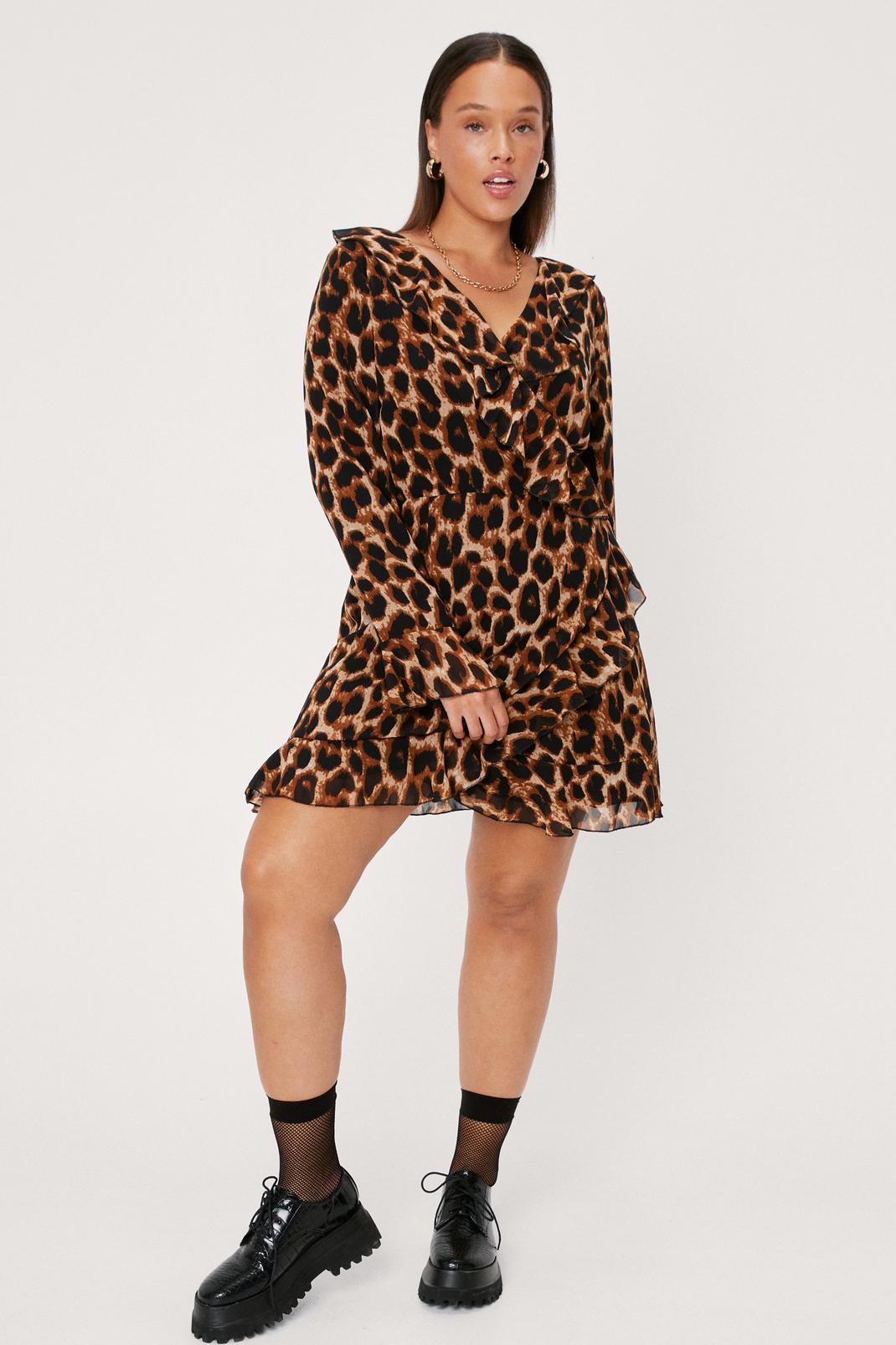 Black Plus Size Leopard Print Ruffle Wrap Mini Dress image number 1